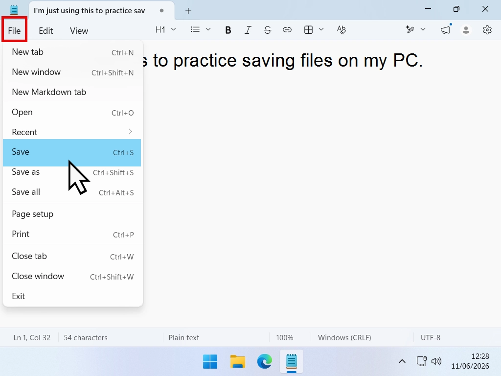 Saving a file Saving a file from the File menu.