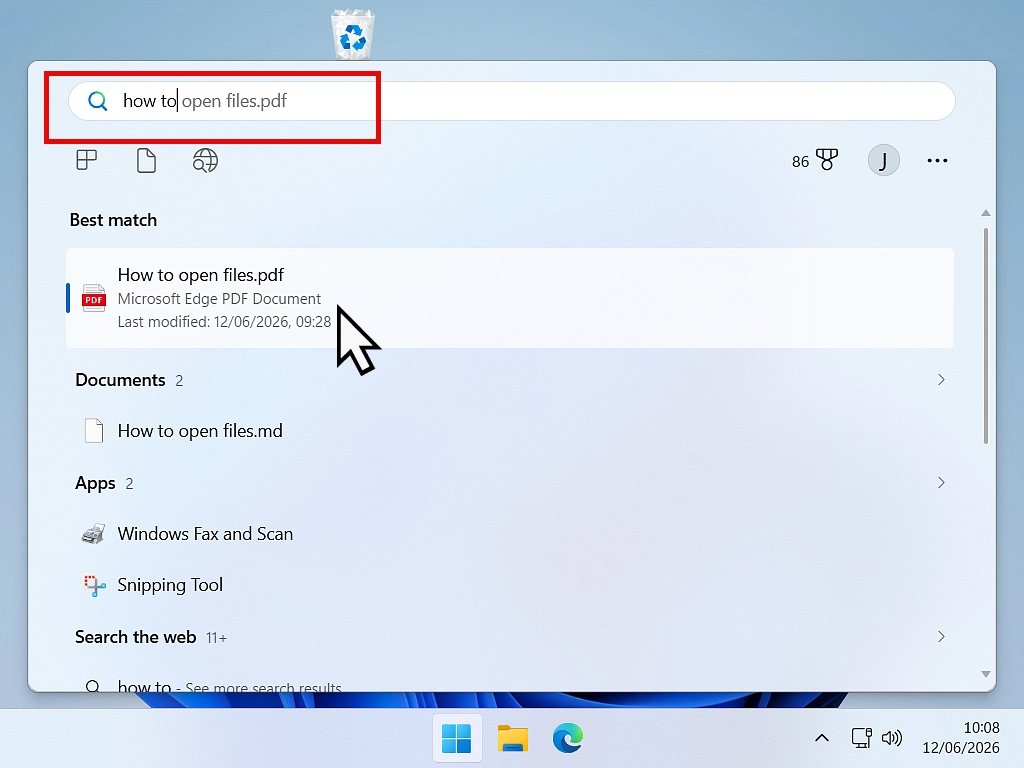 Searching for file from Start menu Searching for file from Start menu