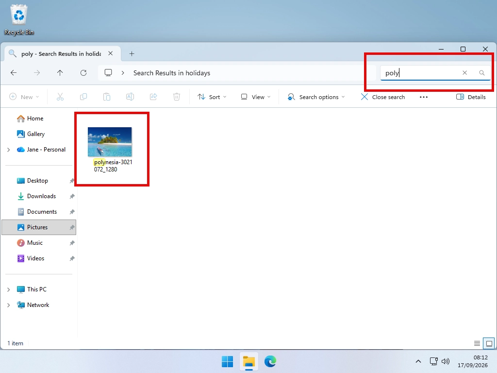 The Search box marked in File Explorer, with part of a file name typed in and the matching files listed in File View.