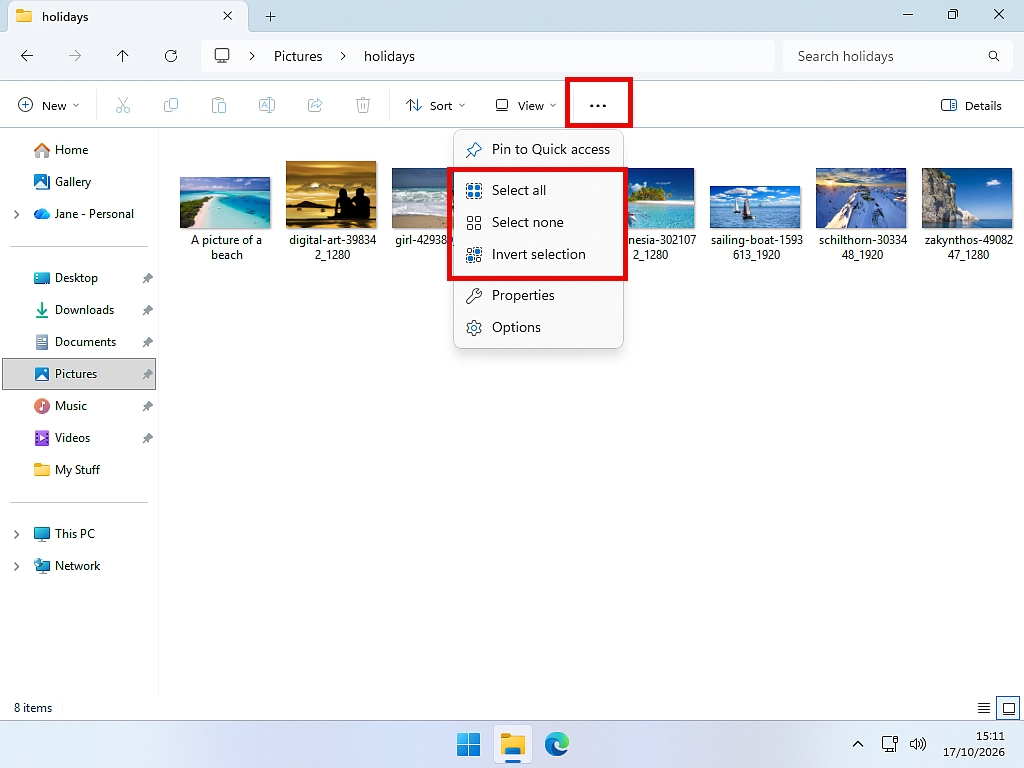 The See more menu in Windows 11 File Explorer showing Select all, Select none and Invert selection.