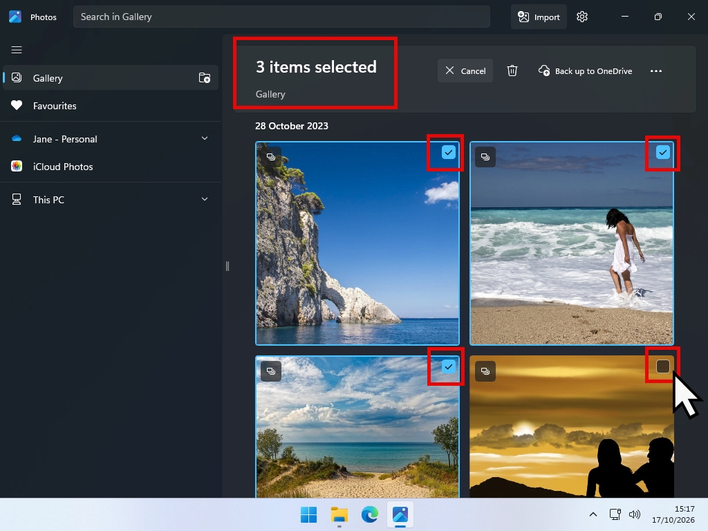 Several photos ticked in the Windows 11 Photos app