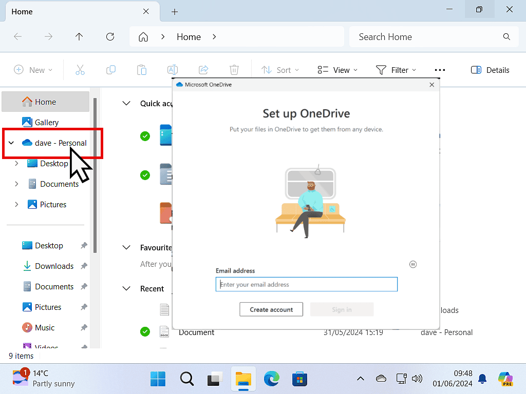Setup OneDrive screen. Nothing has been entered yet.