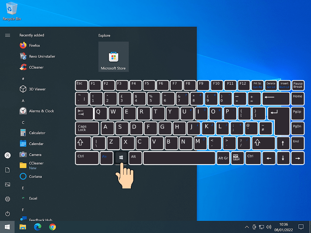 Windows 10 start menu has opened. Keyboard is shown with a finger pressing down the Windows key.