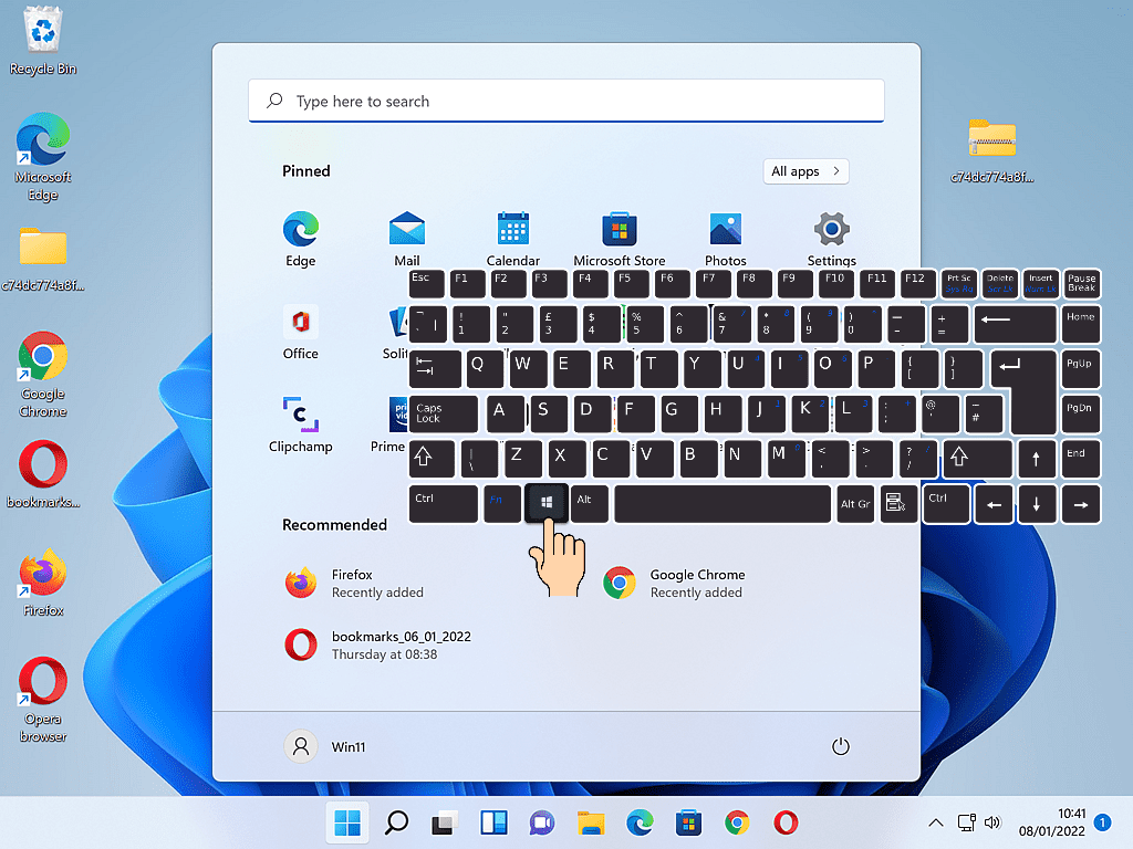 Windows 11 start menu has opened. Keyboard is shown with a finger pressing down the Windows key.