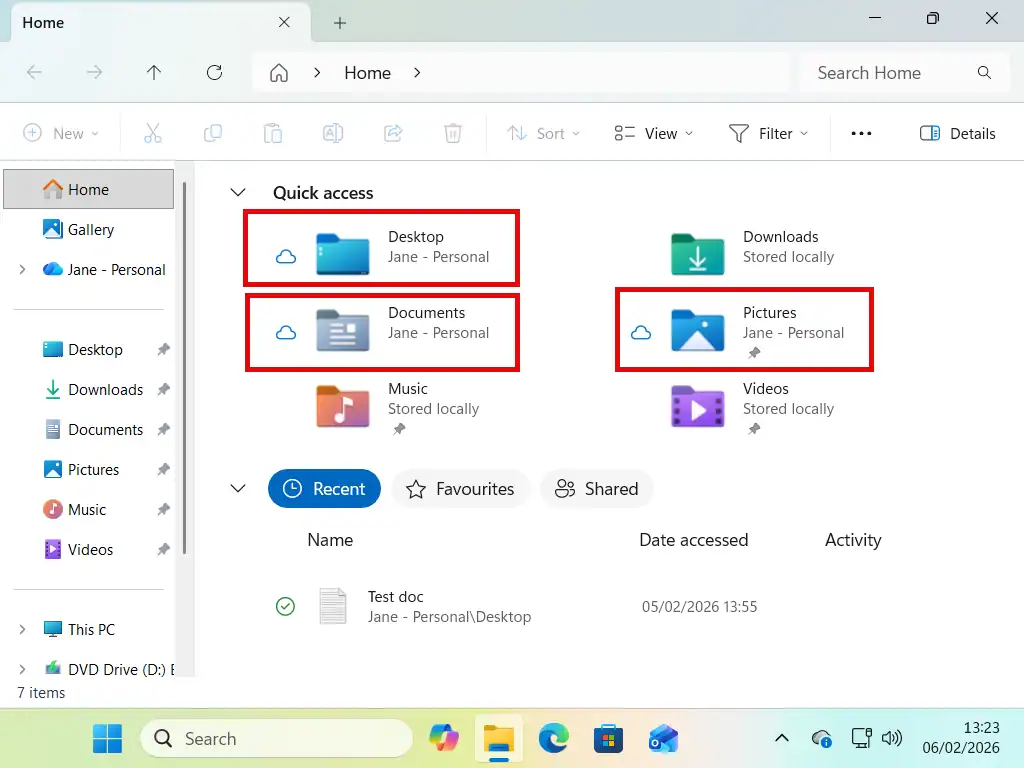 Store file online only Folders in File Explorer indicated with Blue cloud icons.