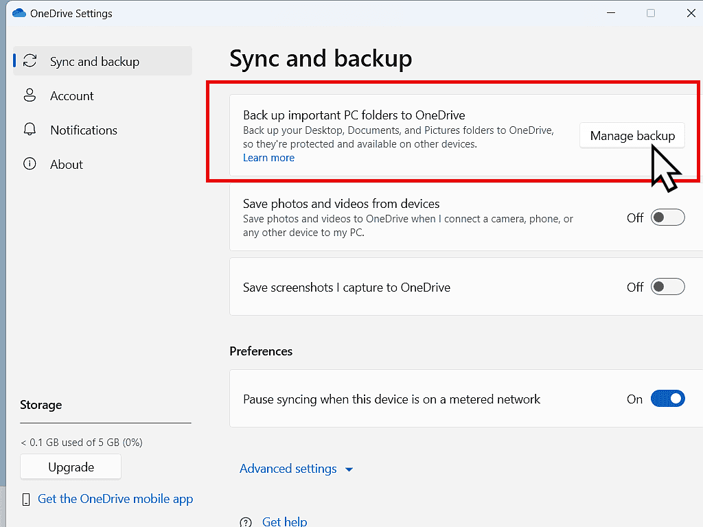 Manage backups button is being clicked on.