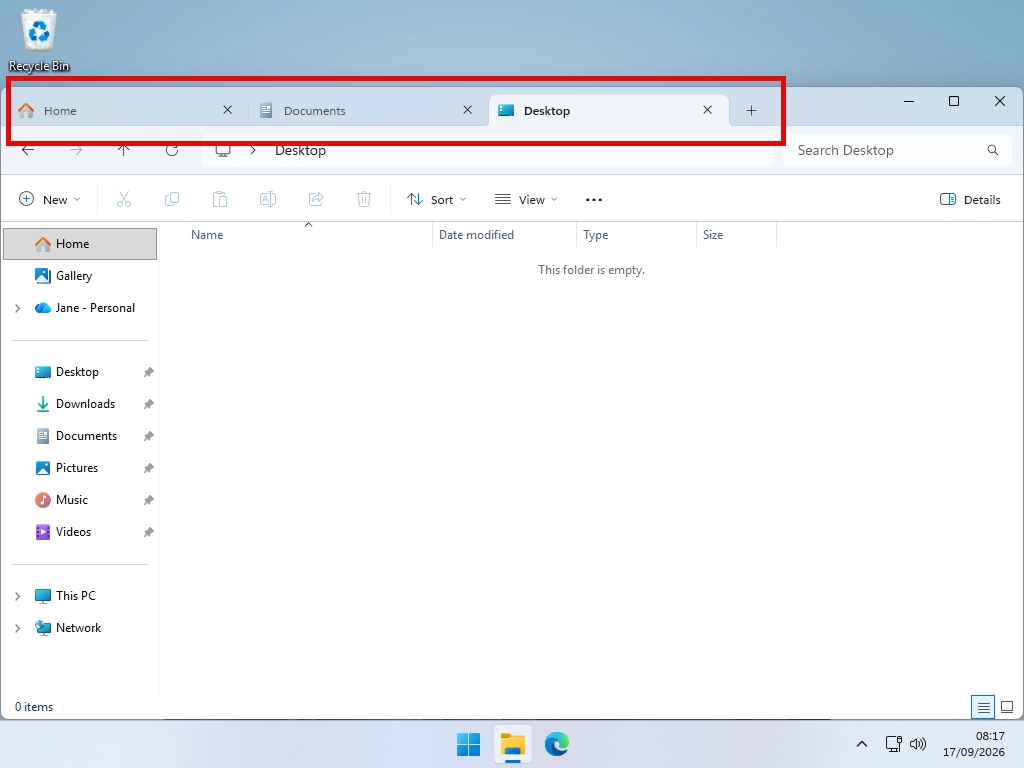 Windows 11 File Explorer with two tabs open and the plus button for a new tab marked.