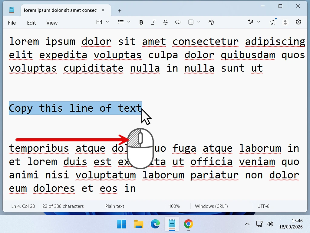 Selecting a line of text by highlighting it with the mouse.