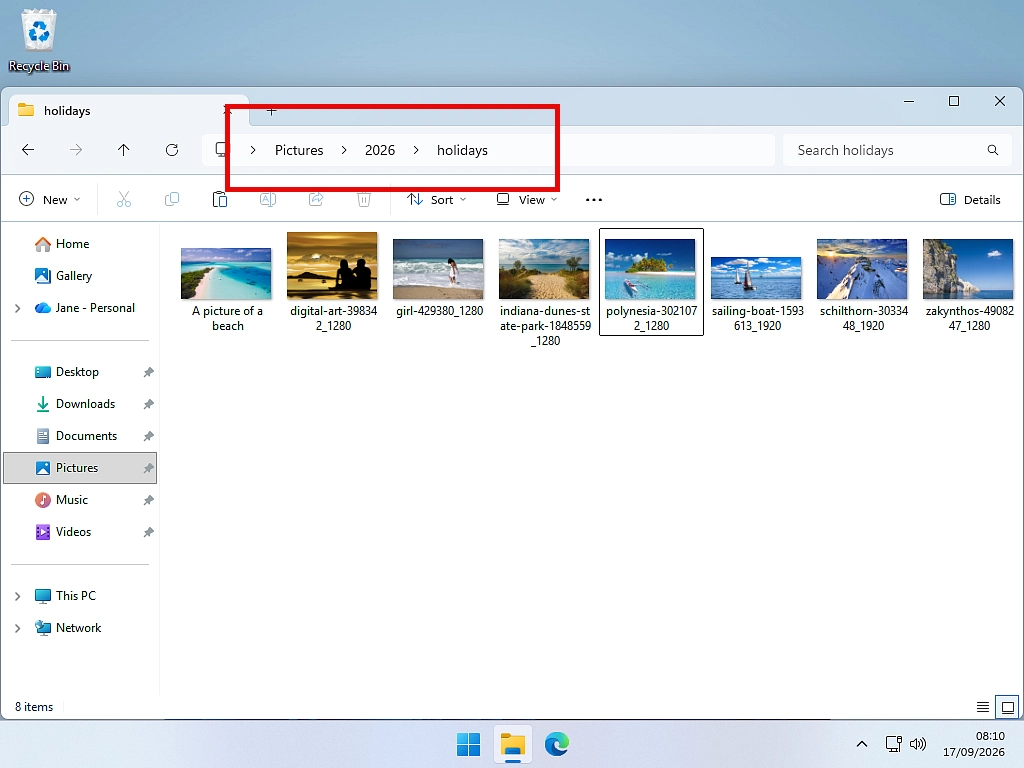 Opening a folder in File Explorer The File Explorer Address Bar showing the route to a folder inside Documents, with the back arrow and up arrow marked.