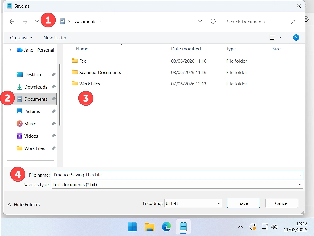 The Save As window Address Bar, Navigation panel, Main panel and File name box highlighted.