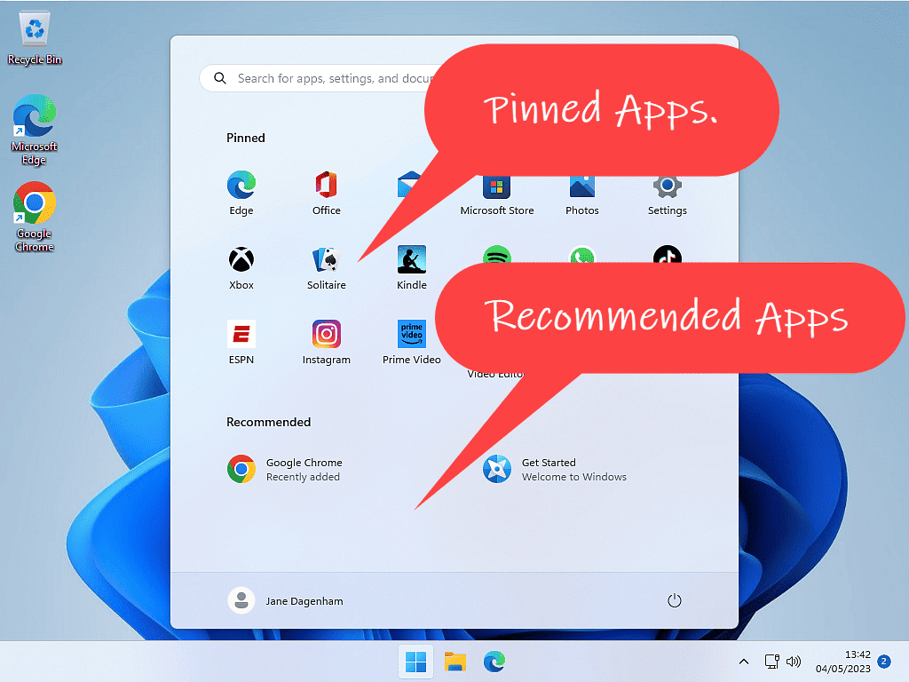 Windows 11 Start menu is open and the Pinned apps and Recommended areas are indicated by callouts
