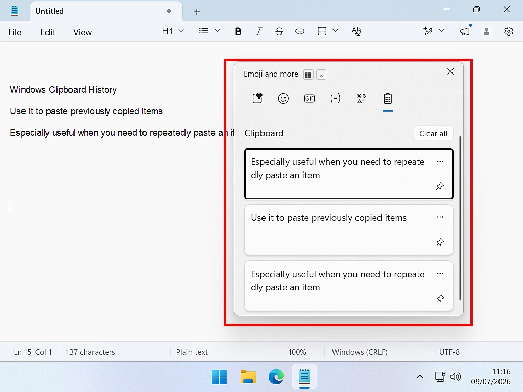 The Windows Clipboard history panel The Windows Clipboard history panel