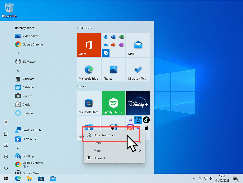 Unpinning a Live Tile in Windows 10.