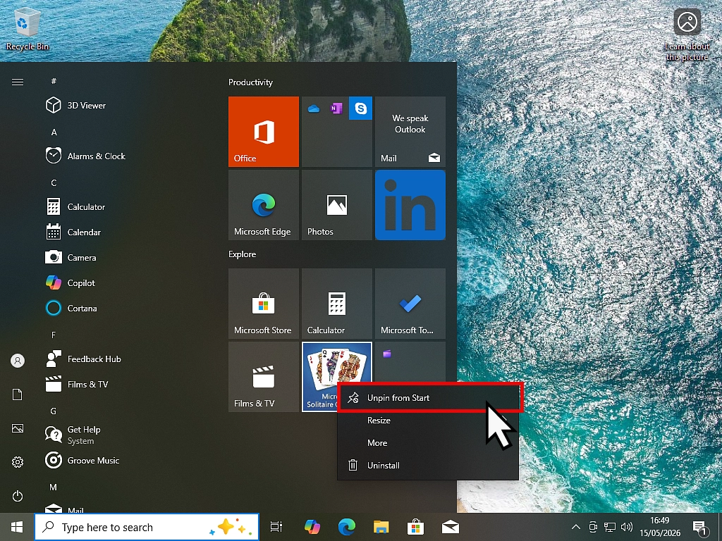 Unpinning item from Start-Windows 10 Unpinning item from Start-Windows 10