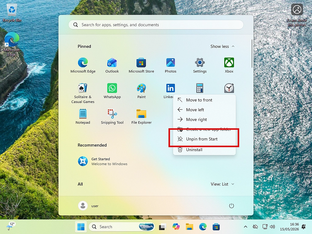 Unpinning item from Start-Windows 11 Unpinning item from Start-Windows 11