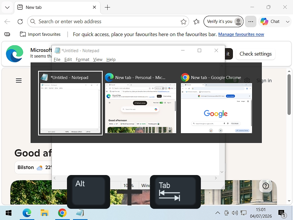 Using Alt Tab to select program window Using the Alt key and Tab key on a keyboard to cycle through open program windows.