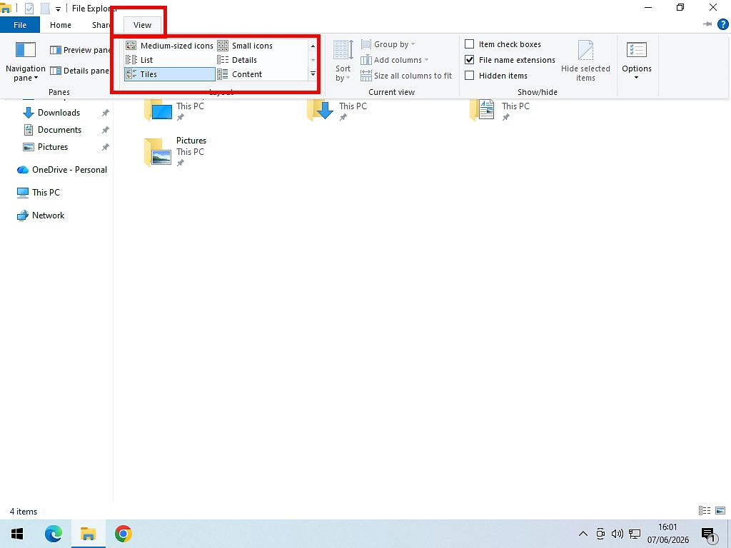 View options in Windows 10 File Explorer Changing the View options in Windows 10 File Explorer.