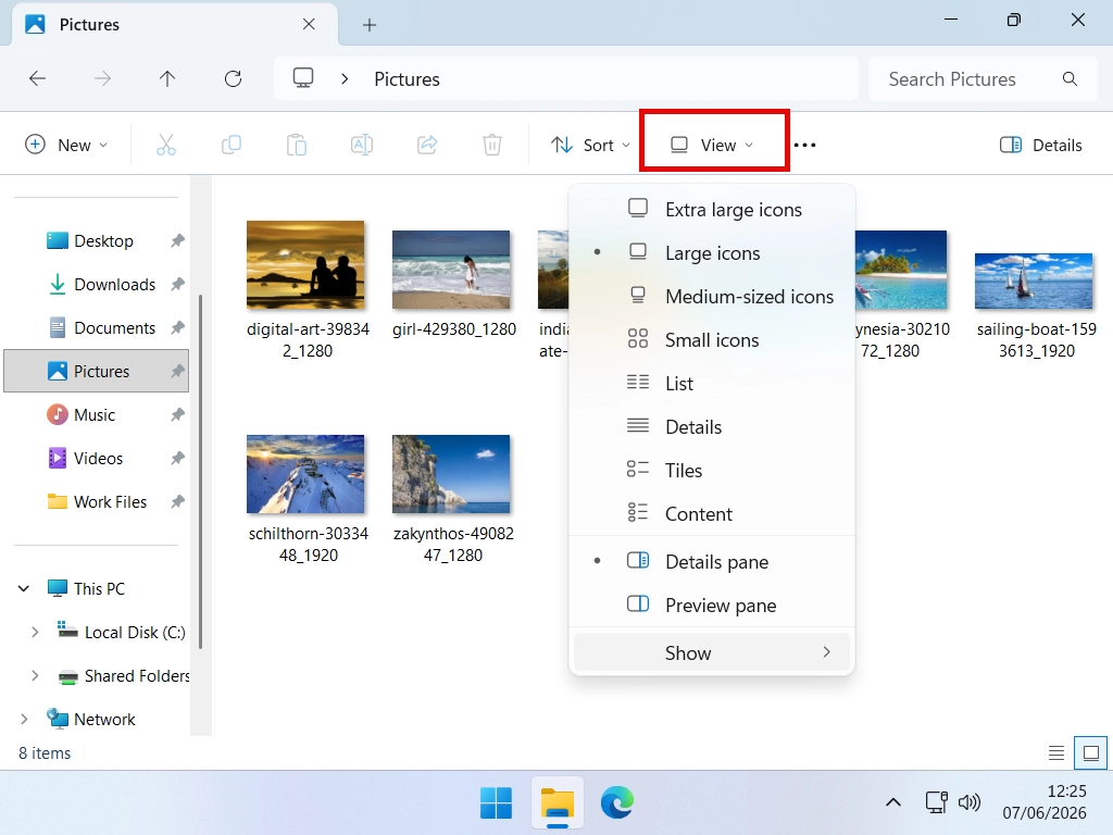 View options in Windows 11 File Explorer View menu open in Windows 11 File Explorer.