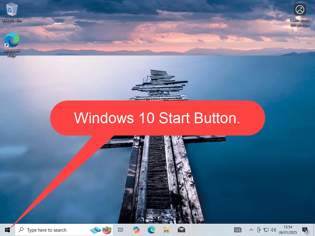 Windows 10 Start button indicated by a callout.