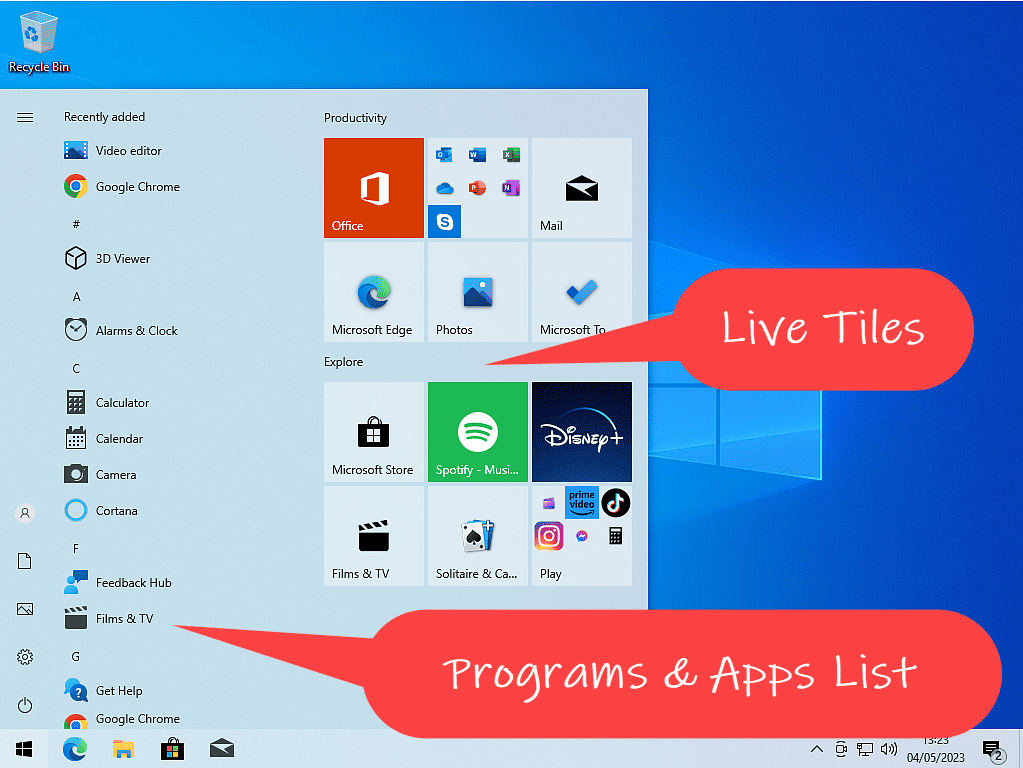 Windows 10 Start menu open. Live tiles and programs list are indicated by callouts.