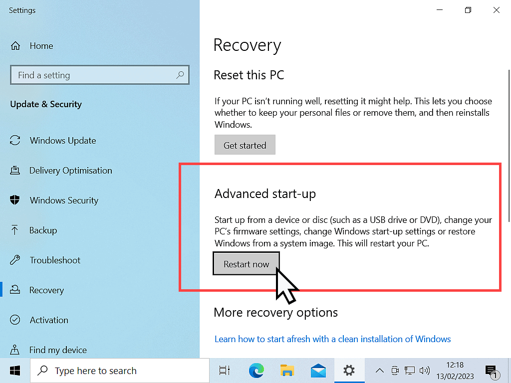 Restart Now button indicated in Windows 10.
