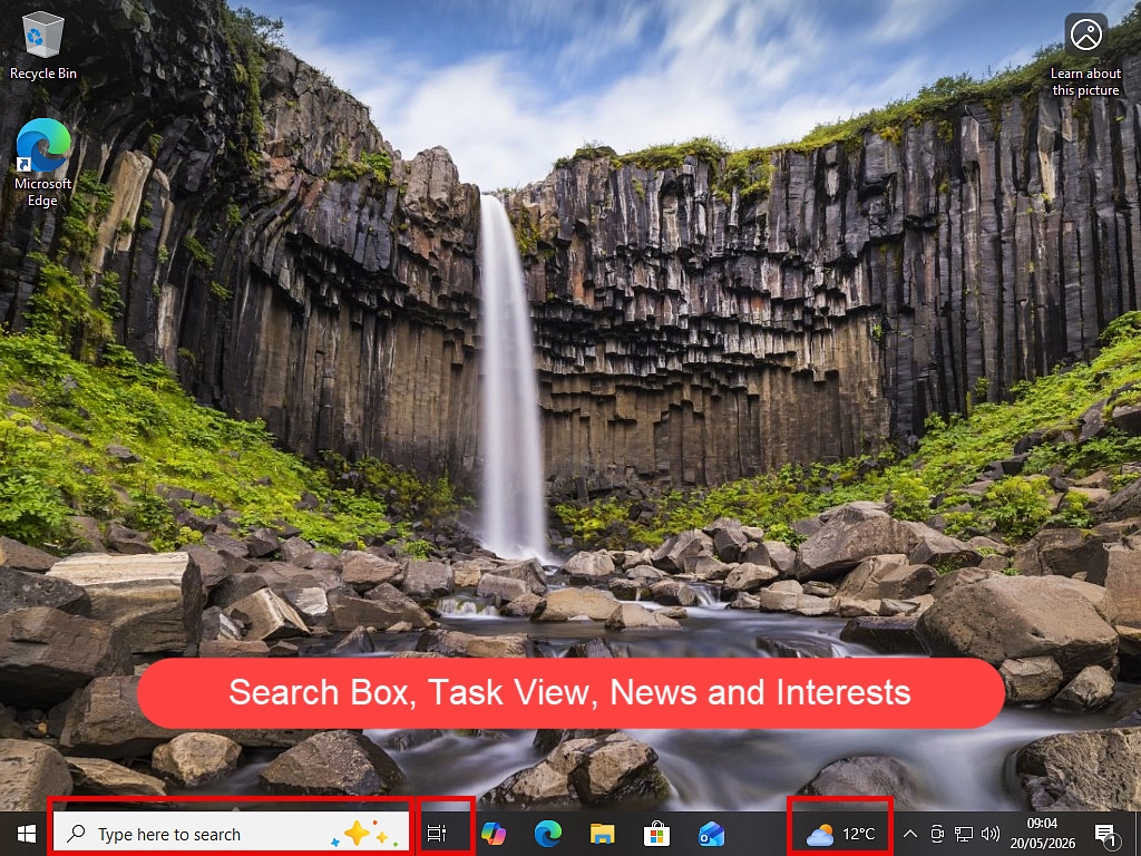 Windows 10 taskbar-Search box-taskview and News and Interests icon Manage the Windows 10 taskbar-search, task view, news and interests shown.