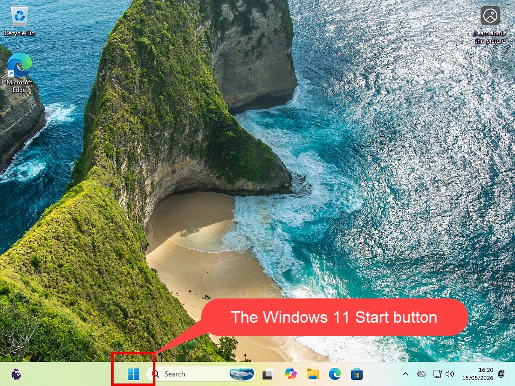 Windows 11 Start button The Start button in Windows 11 will open the Start menu.