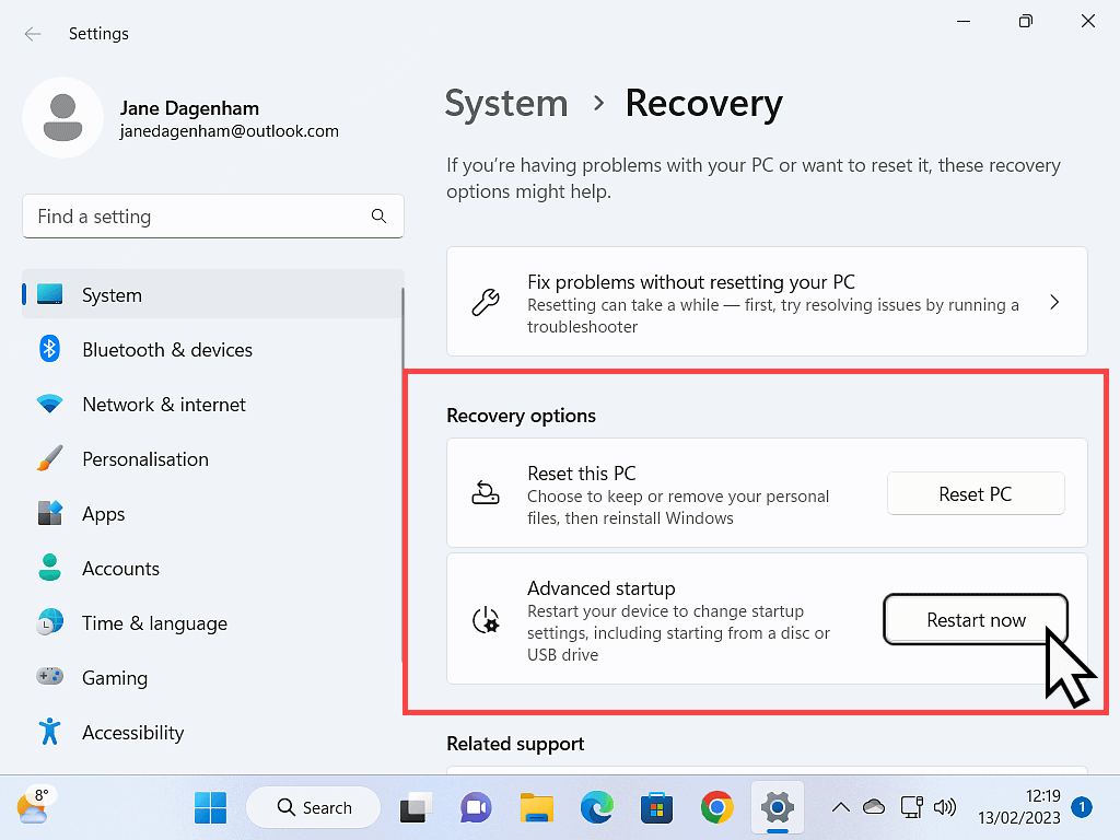 Restart Now button indicated in Windows 11.