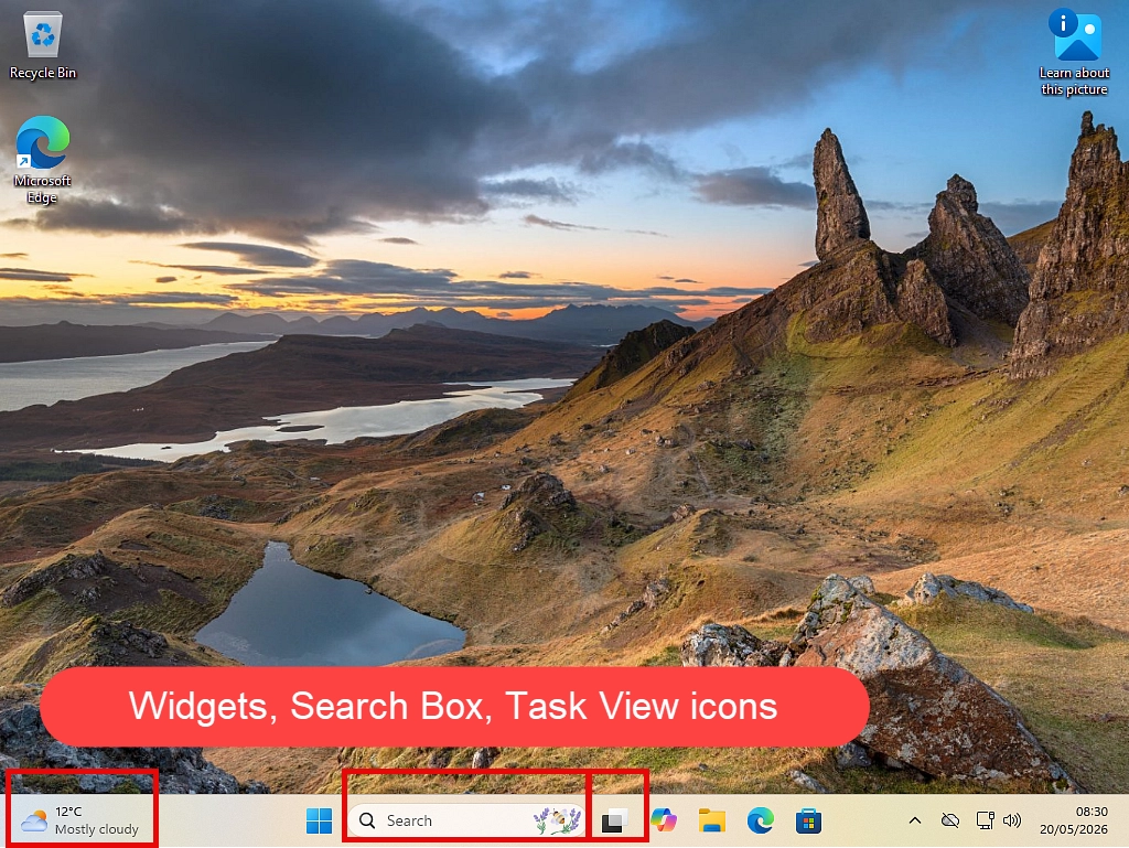 Windows 11 taskbar-Widgets-Search box-taskview icon Customise the Windows 11 taskbar- Widgets, search and task view icons highlighted.