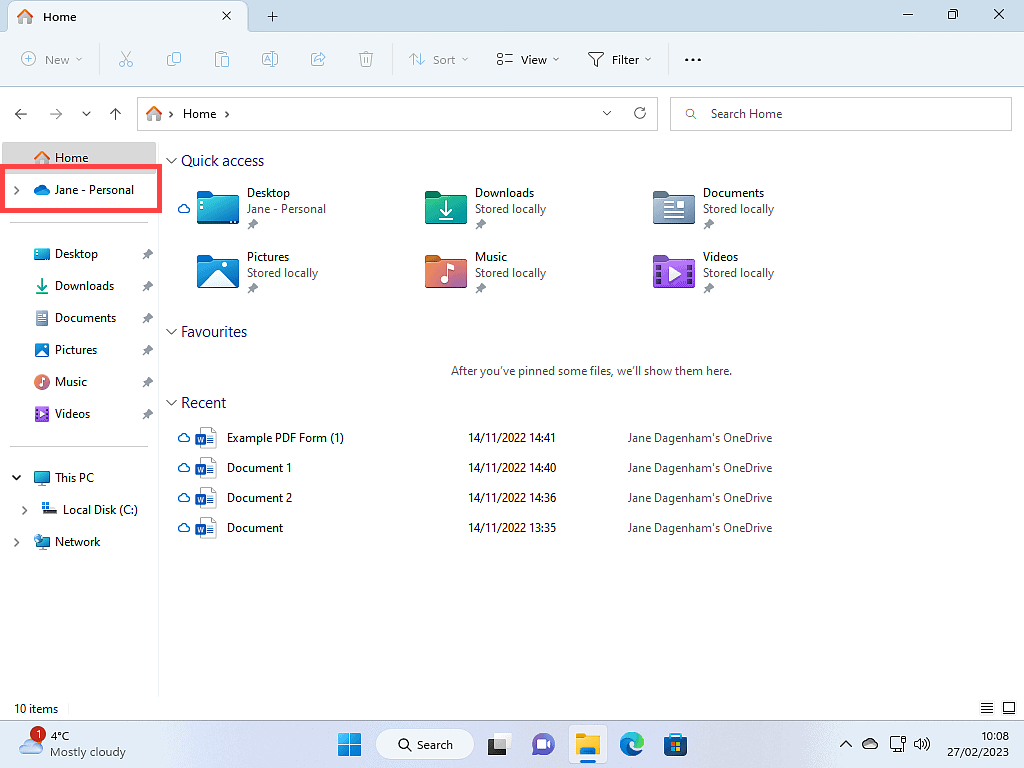 OneDrive folder marked in Windows 11 File Explorer navigation pane.