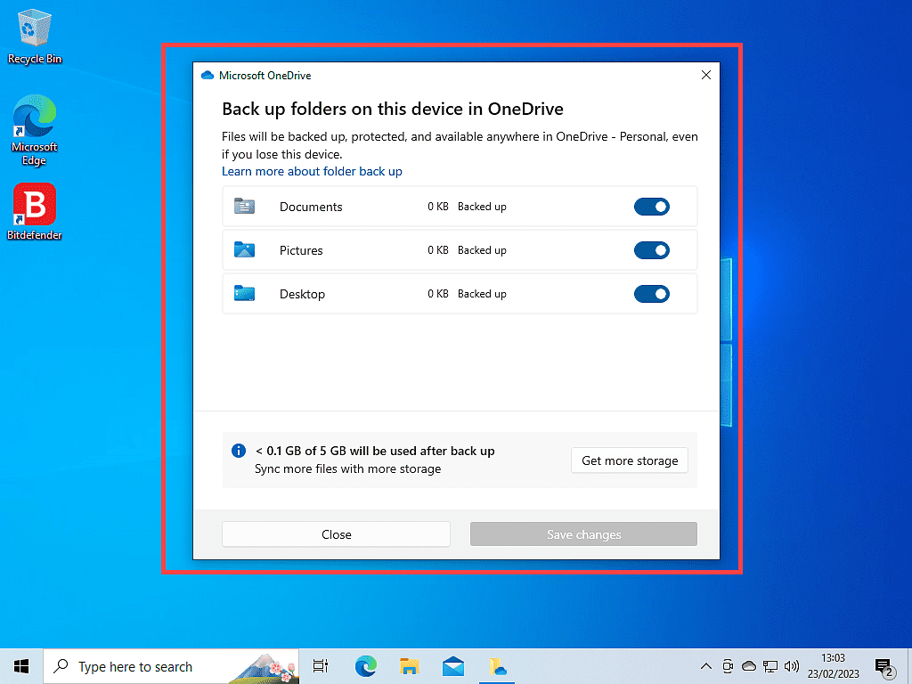 Documents, pictures and desktop folders selected for backup to OneDrive.