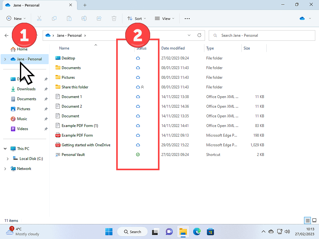 OneDrive status icons column is indicated in File Explorer.