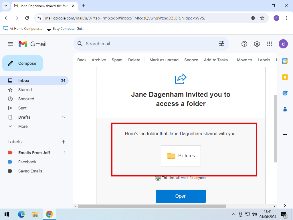 The link to a shared folder in OneDrive is highlighted in an email.