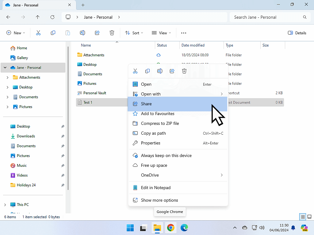 The Share option is selected on the context menu.