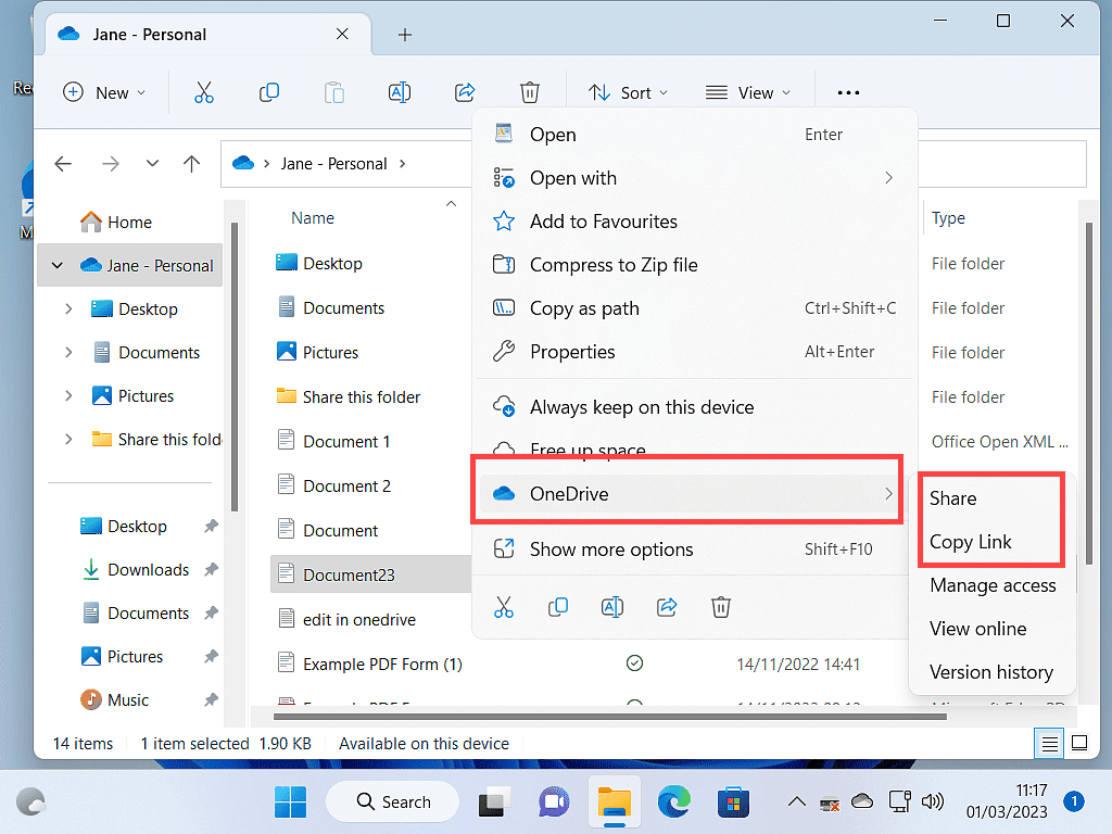 OneDrive, Share and Copy Link are all highlighted on the right click options menu.