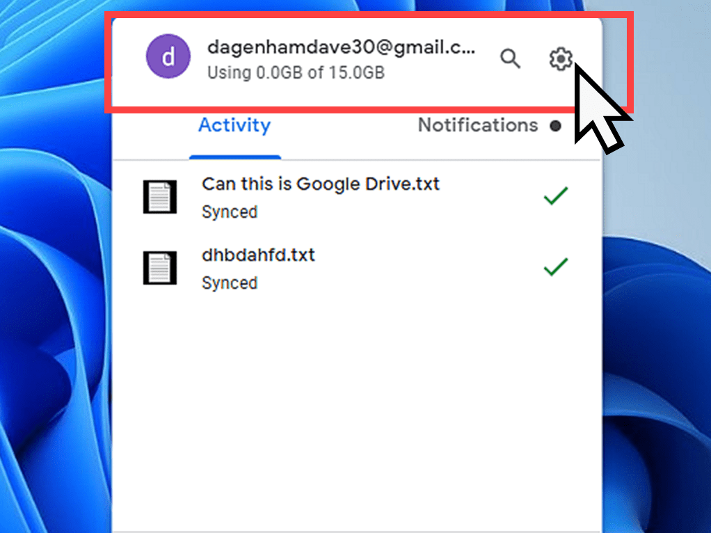 Google Drive settings icon (gear wheel) indicated.