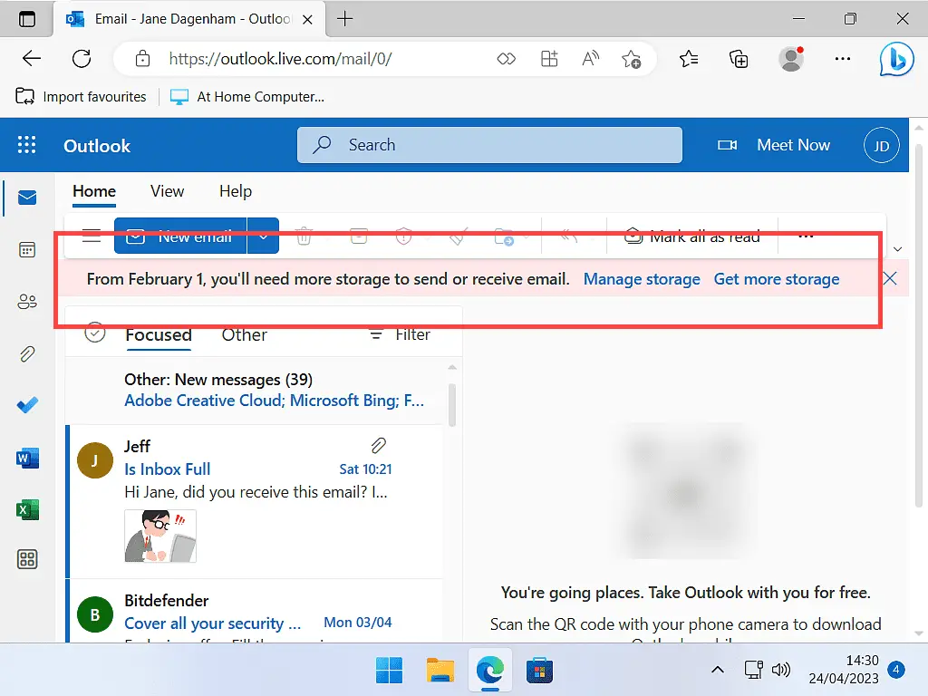 Message in Outlook.com Microsoft email account highlighted. Message reads 