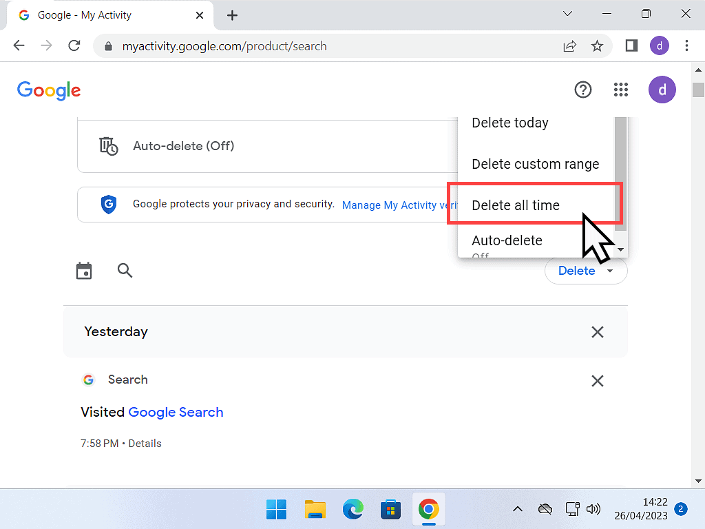 Delete All Time option is indicated in Google web search history.