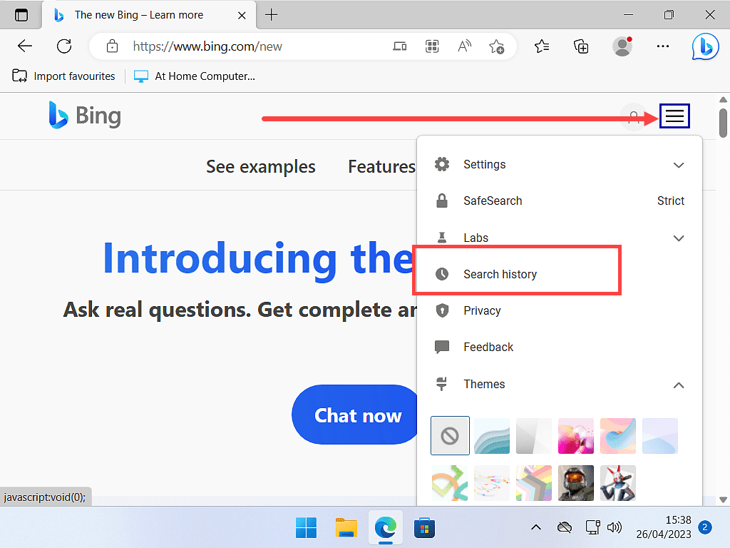 Bing menu is open. Search History option is highlighted on menu.