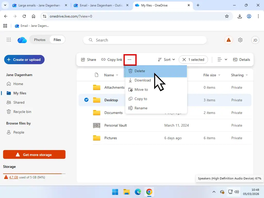 Delete from OneDrive to make Outlook emails work Deleting files and folders from OneDrive.