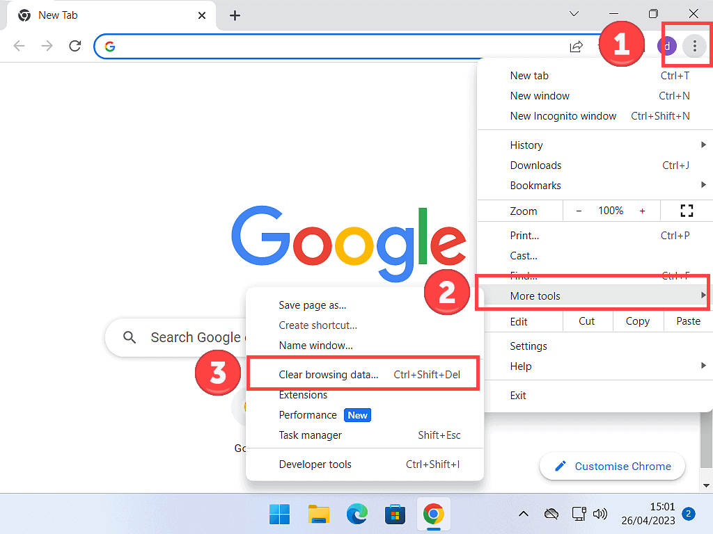 Settings menu is open. More Tools and Clear browsing Data are both marked.