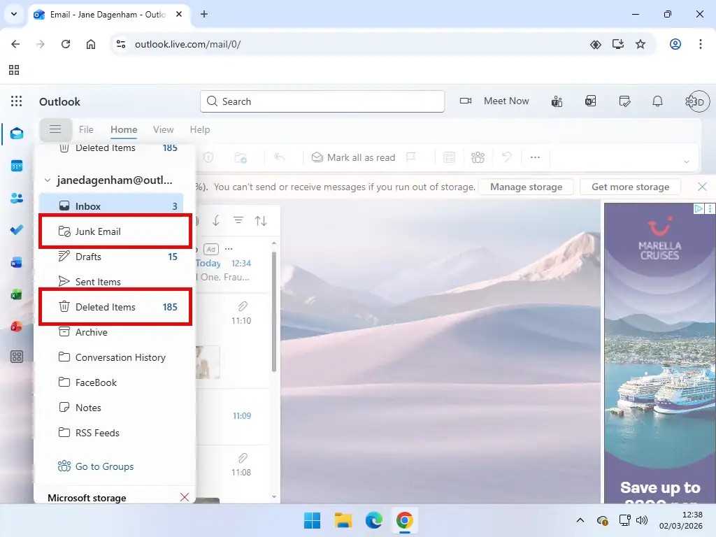 Deleted items and junk email in Outlook com Deleted items and junk email folders indicated in Outlook com