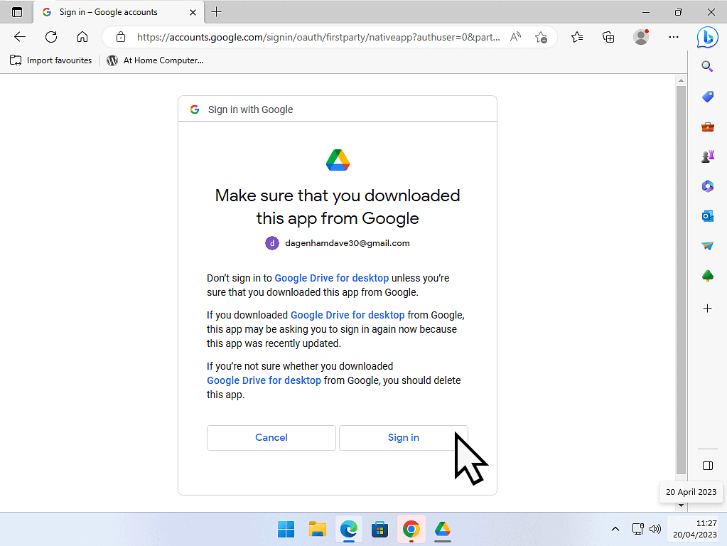 Google security warning. The Sign In button is marked.