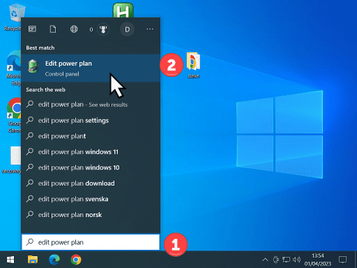 Edit power plan is shown on Windows 10 search results.