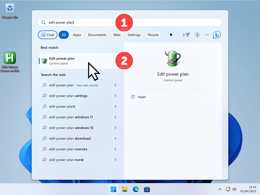 Edit power plan is shown on Windows 11 search results.