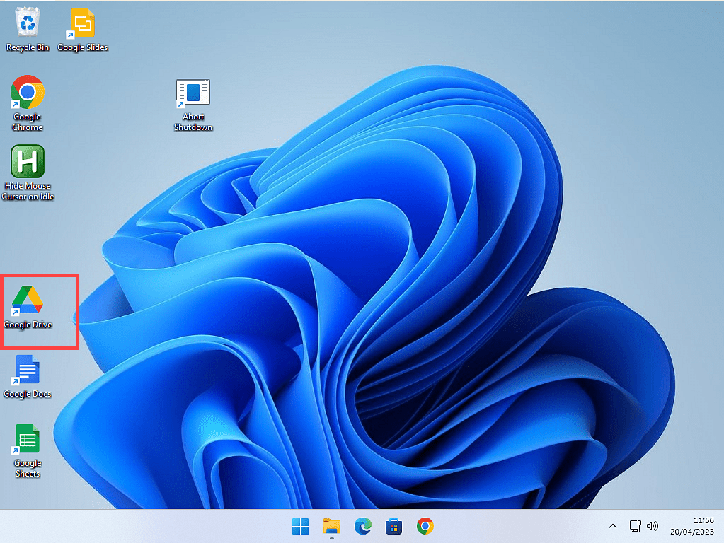 The Google Drive shortcut is marked on a Windows 11 desktop.