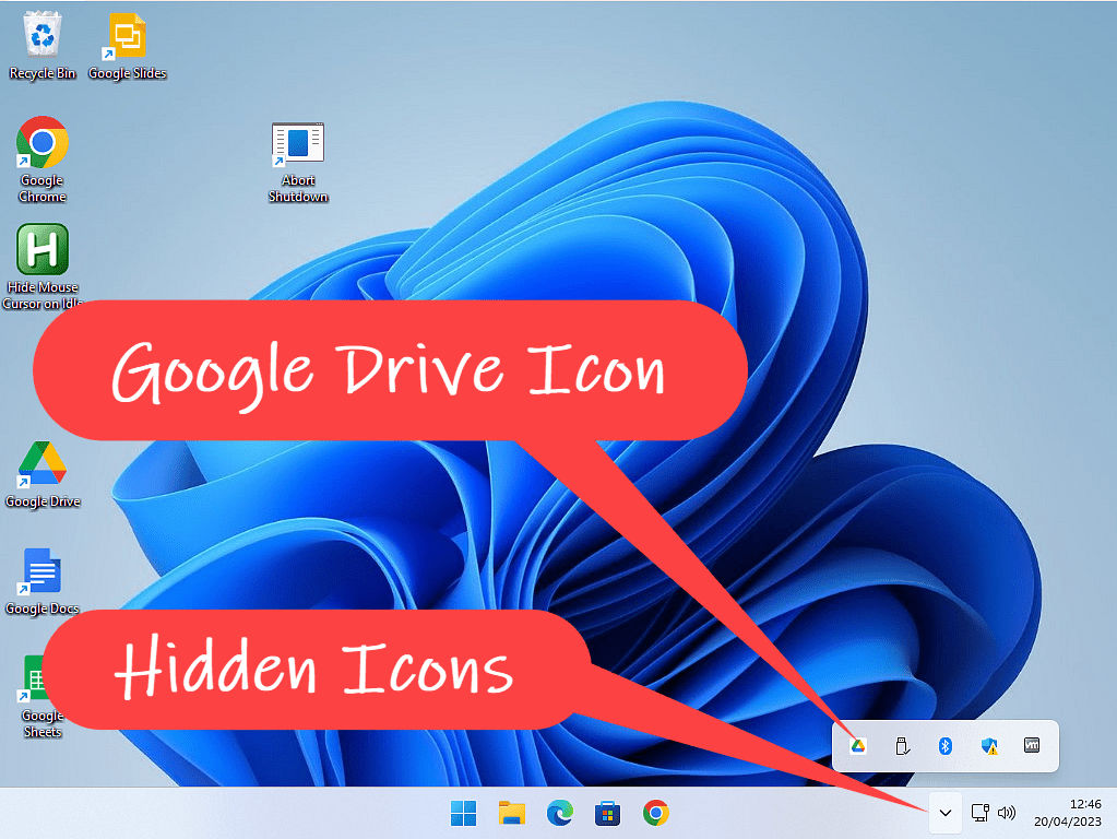 Hidden icons arrowhead and Google drive icon are both indicated with a callout.