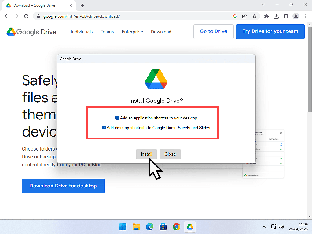 Installing Google Drive. Add shortcuts options are both selected and the Install button is marked.