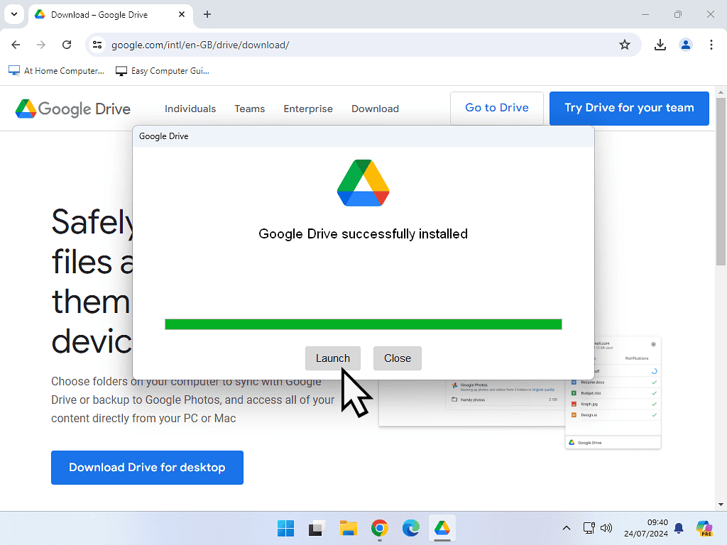 Google Drive has been successfully installed. The Launch button is highlighted.