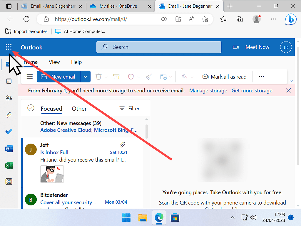 Microsoft apps icon in Outlook.com email account is marked.